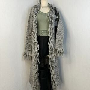 Fringe Long Duster Cardigan Wool Blend Gray SZ Medium Cynthia Rowley Whimsigoth